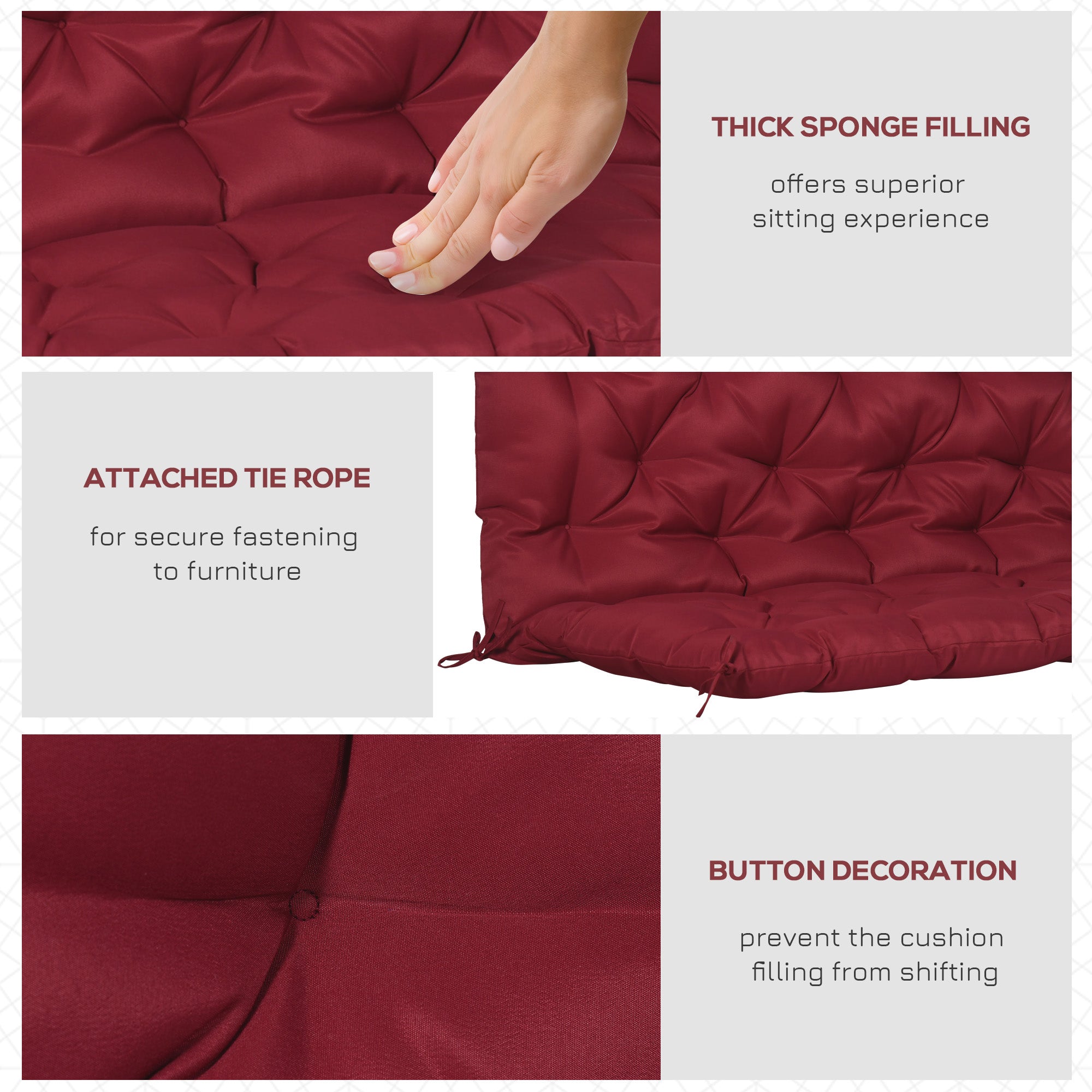 Outsunny Outdoor 2 Seater Bench Cushion 4.7 Inch Thick with Backrest Non Slip Patio Soft Pad Wine Red