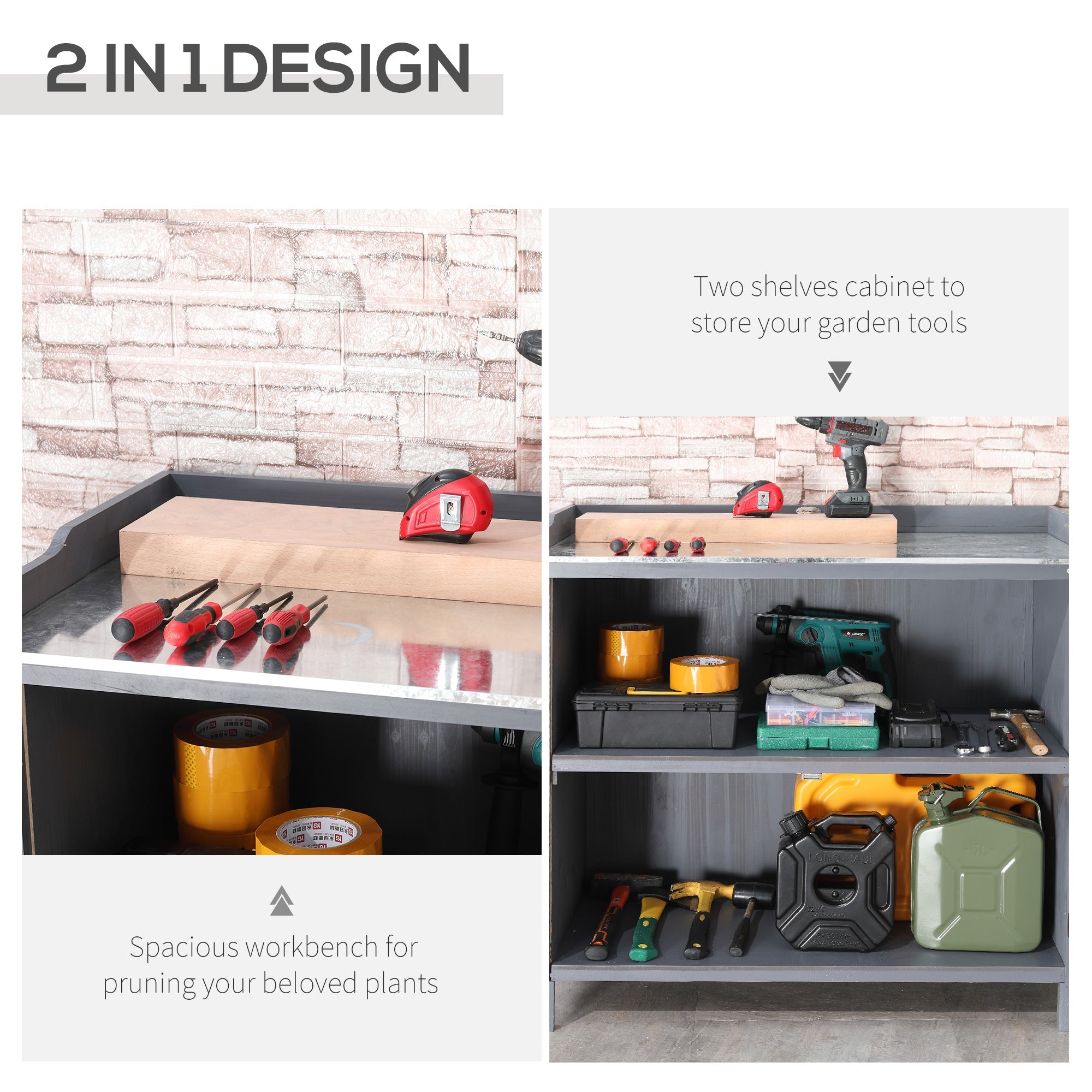 Outsunny Garden Storage Cabinet, Outdoor Potting Bench Table with Galvanized Top and Shelf, Tool Shed with Double Doors, Grey