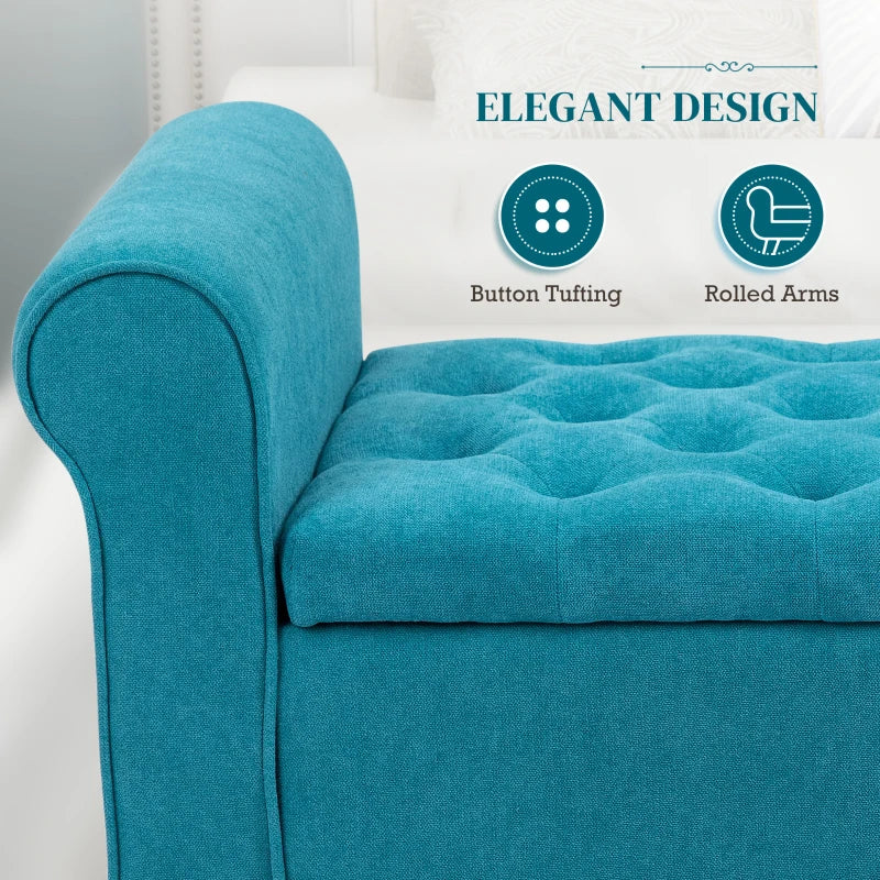 50 Inches Storage Ottoman, Upholstered Bedroom Bench with Rolled Arms and Button Tufted Storage, Teal