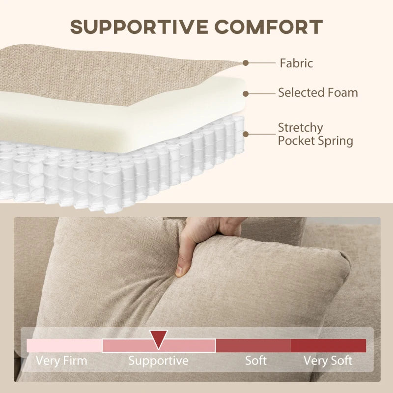 Sectional Couch with Integrated Seat, 3 Seater L-Shaped Sofa with Changeable Chaise, Spring Cushion, 2 Pillows, Beige