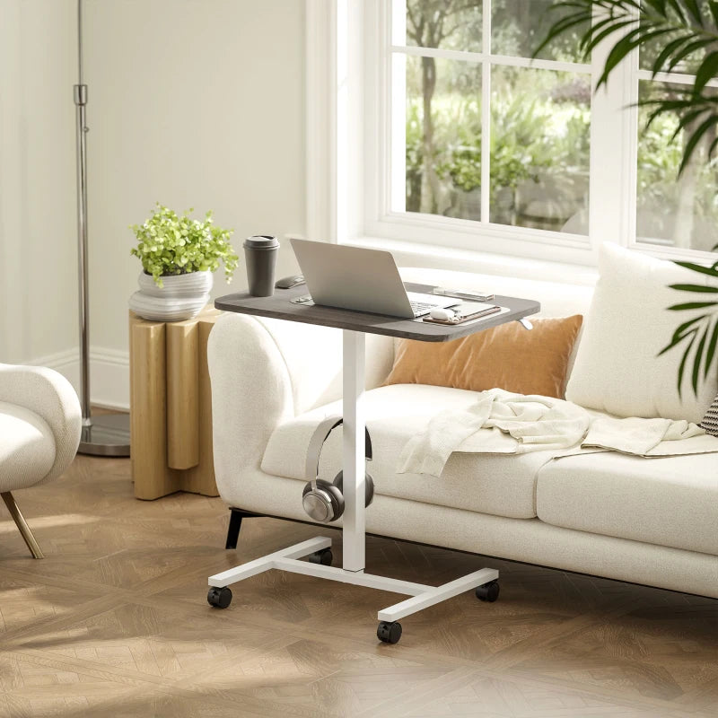 Height Adjustable Standing Desk, Pneumatic Sit Stand Desk with Wheels and Headphone Hook, Grey Wood Grain