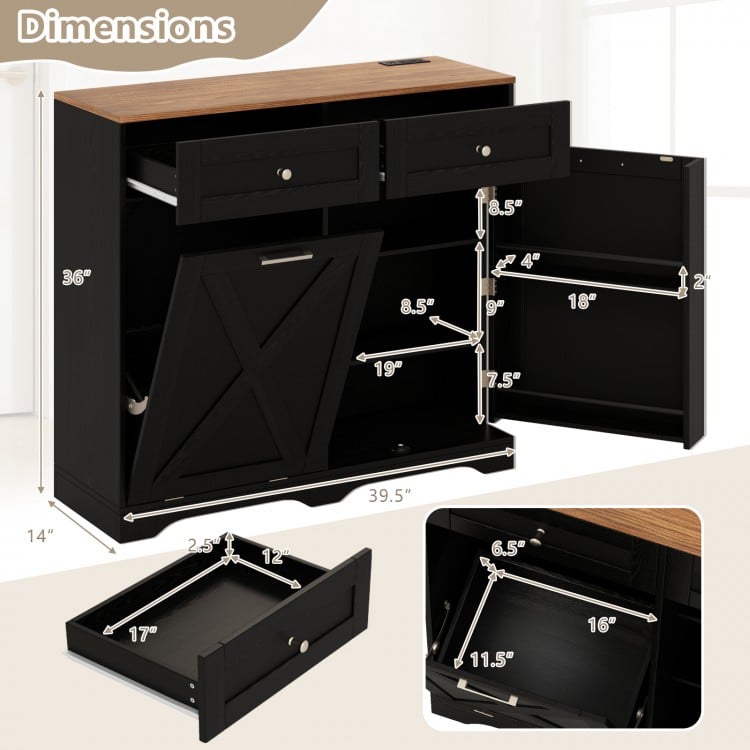 Tilt Out Trash Can Cabinet with Outlets and Adjustable Shelf-Black