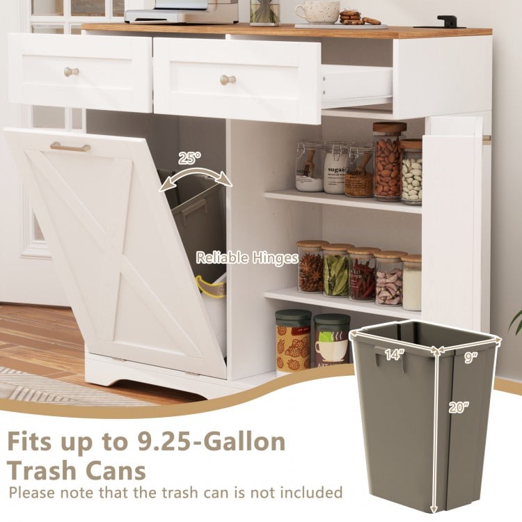 Tilt Out Trash Can Cabinet with Outlets and Adjustable Shelf-White