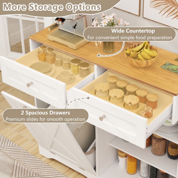 Tilt Out Trash Can Cabinet with Outlets and Adjustable Shelf-White