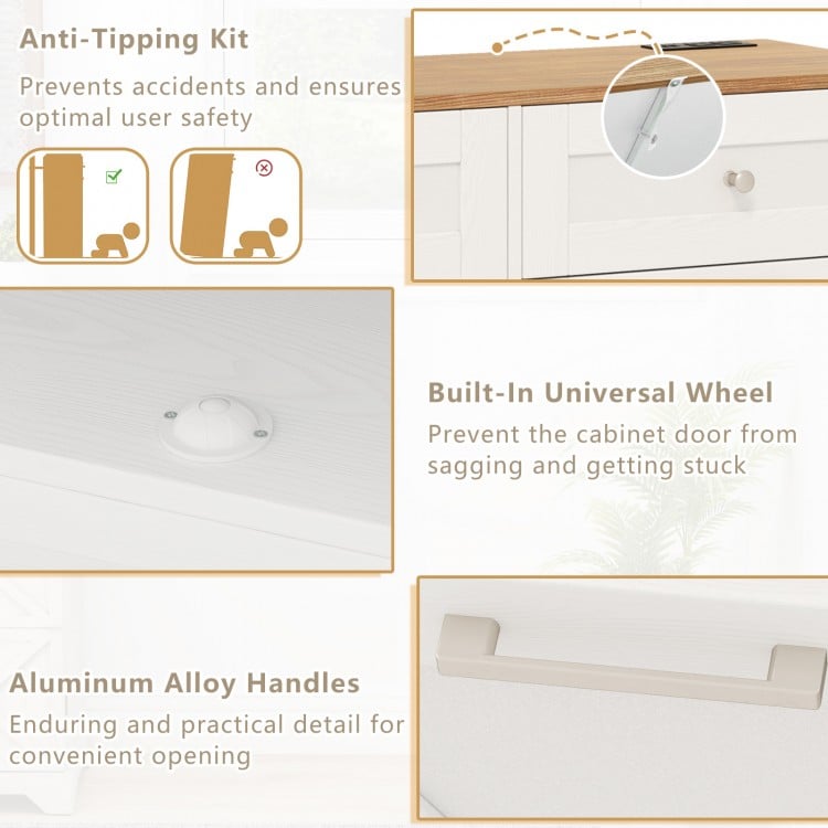 Tilt Out Trash Can Cabinet with Outlets and Adjustable Shelf-White