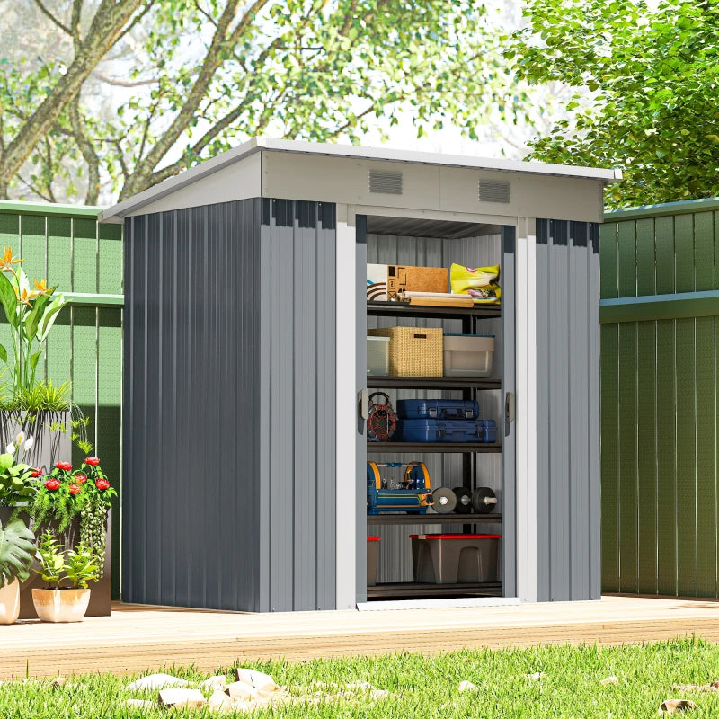 6' x 4' Outdoor Storage Shed, Metal Garden Shed with Lockable Sliding Doors and Vents, Grey
