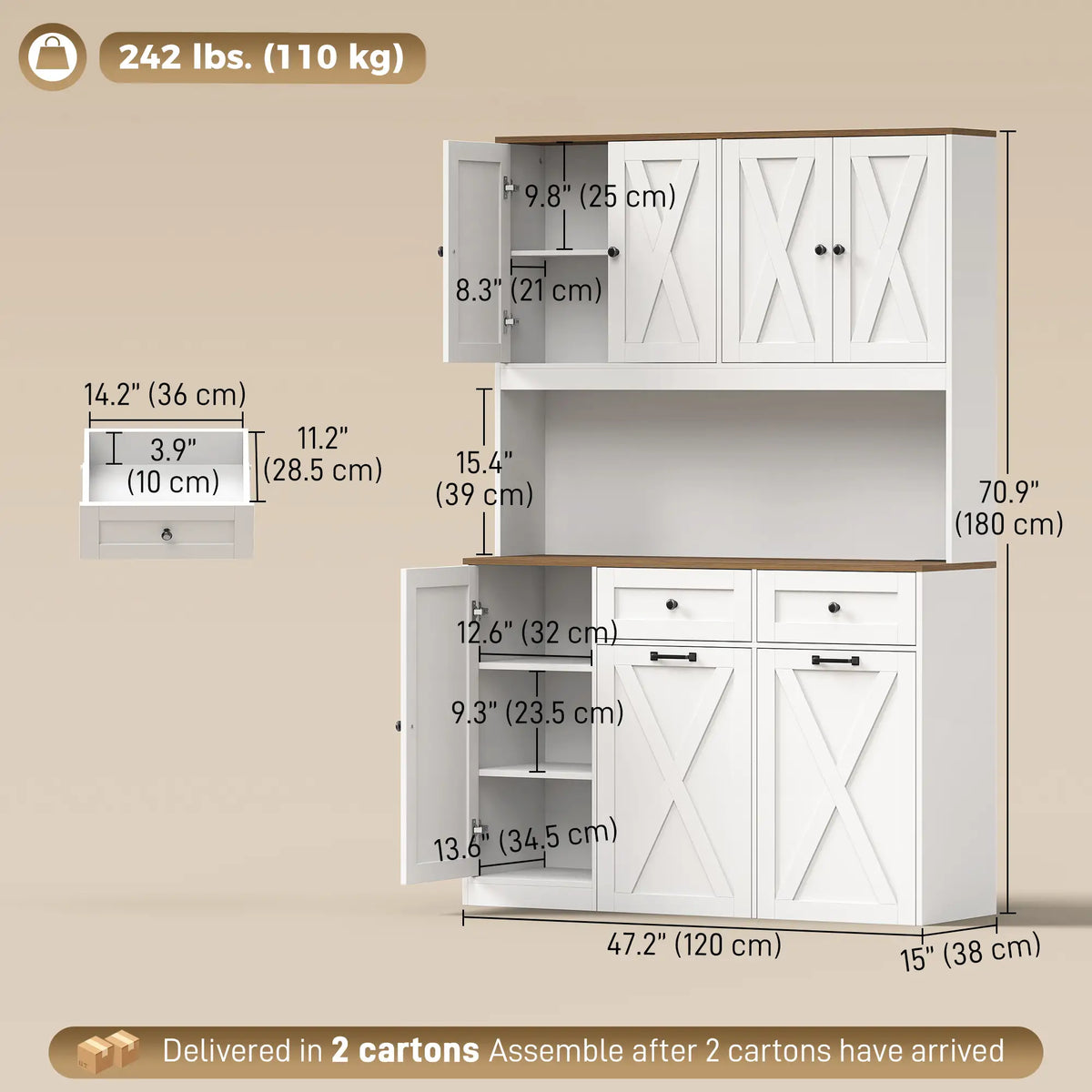 71" Farmhouse Pantry Cabinet with Double Pull-Out Trash Bins and Charging Station – White and Brown