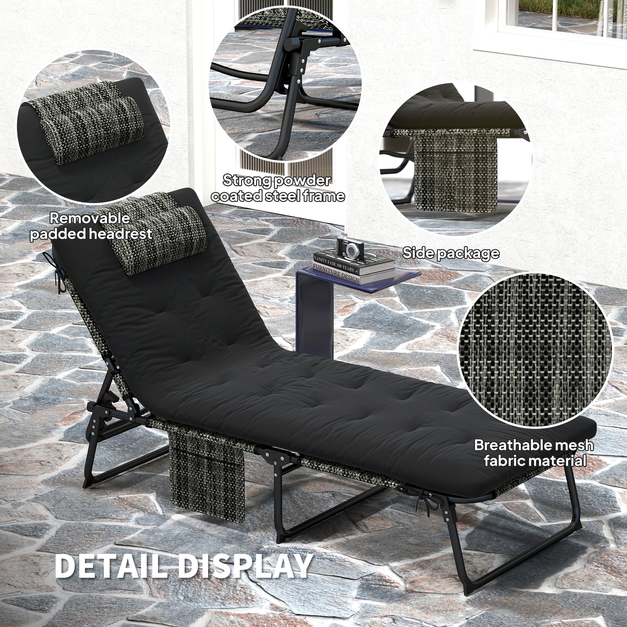 Outsunny Folding Lounge Chair with 4-level Reclining Back & Cushion, Black