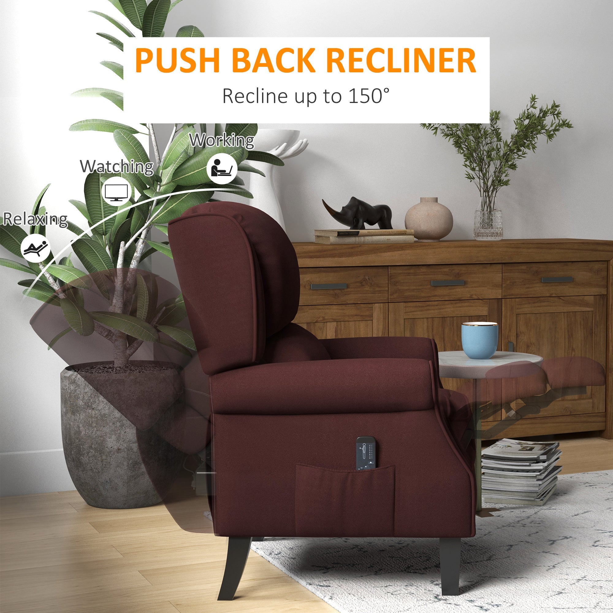 HOMCOM Push Back Recliner Chair with Vibration Massage Living Room Extendable Footrest Remote Pocket Brown