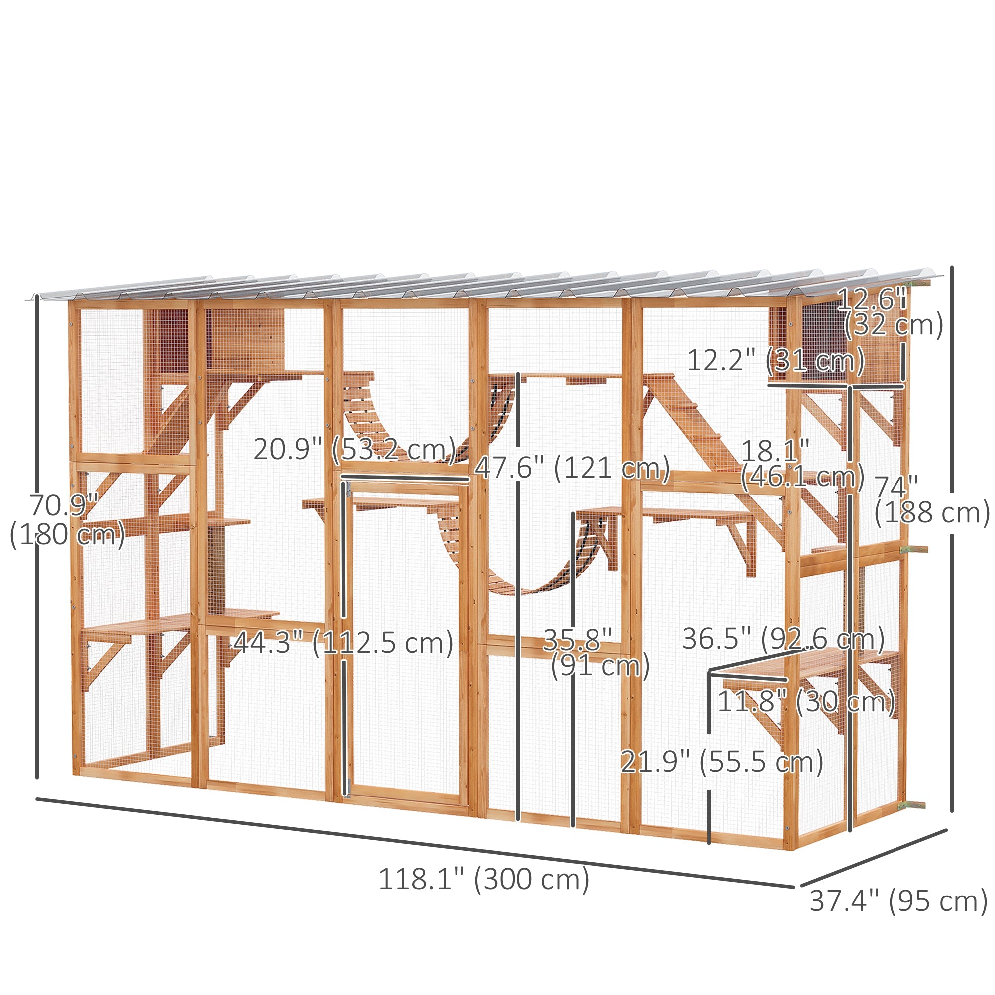 PawHut Expansive Outdoor Catio with Condos Platforms Doors Ladders Weather-Resistant Roof Orange