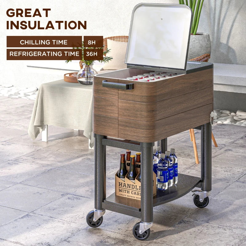 Patio Cooler, 60qt Portable Outdoor Cooler with Locking Wheels, Storage Shelf, Bottle Opener for Patio Backyard, Brown