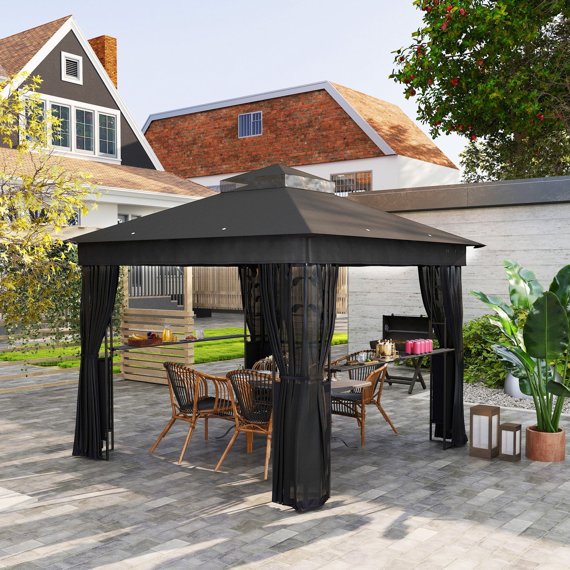 Outsunny 10' x 10' Outdoor Gazebo with Shelves and Netting, UV30+ Double Roof Patio Gazebo for Lawn, Backyard and Deck