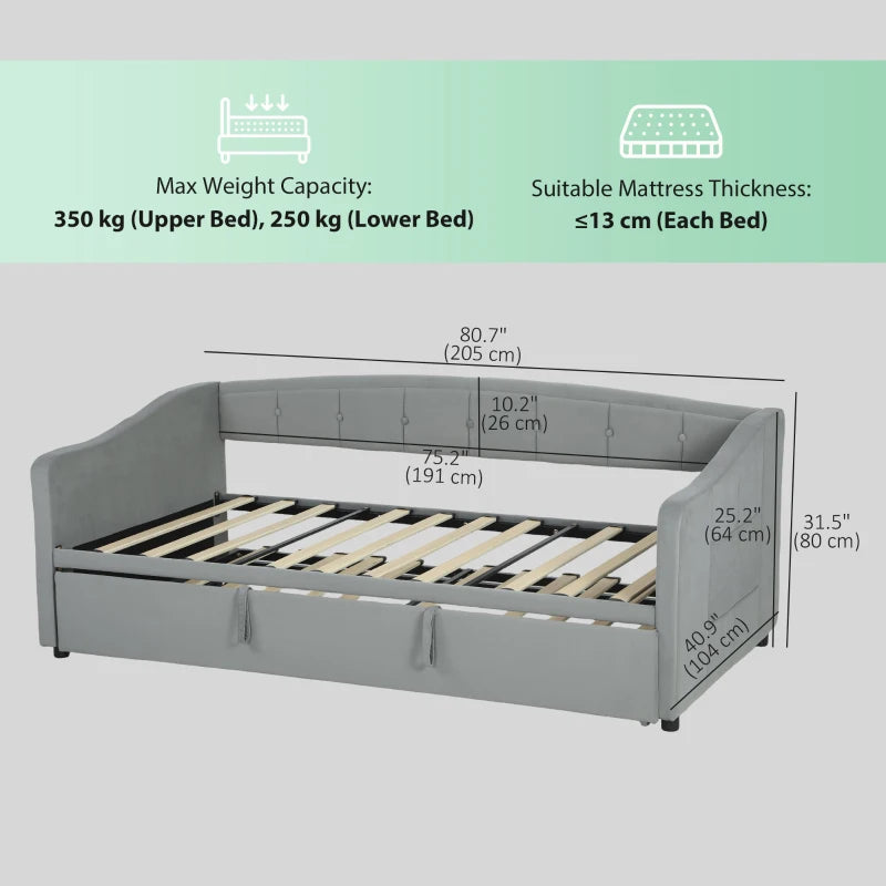 Upholstered Twin Size Trundle Bed, Velvet Twin to King Day Bed with Pop Up Trundle, Headboard and 2 Pockets, Light Grey