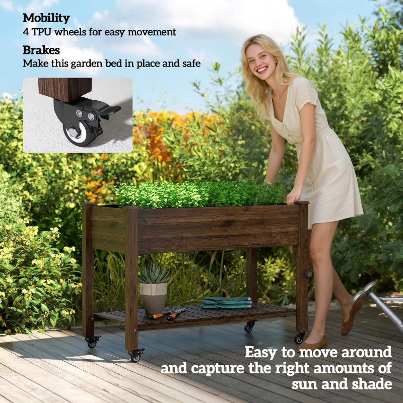 Mobile Raised Garden Bed Elevated Wood Planter Box with Lockable Wheels, Storage Shelf for Herbs Vegetables, Carbonized