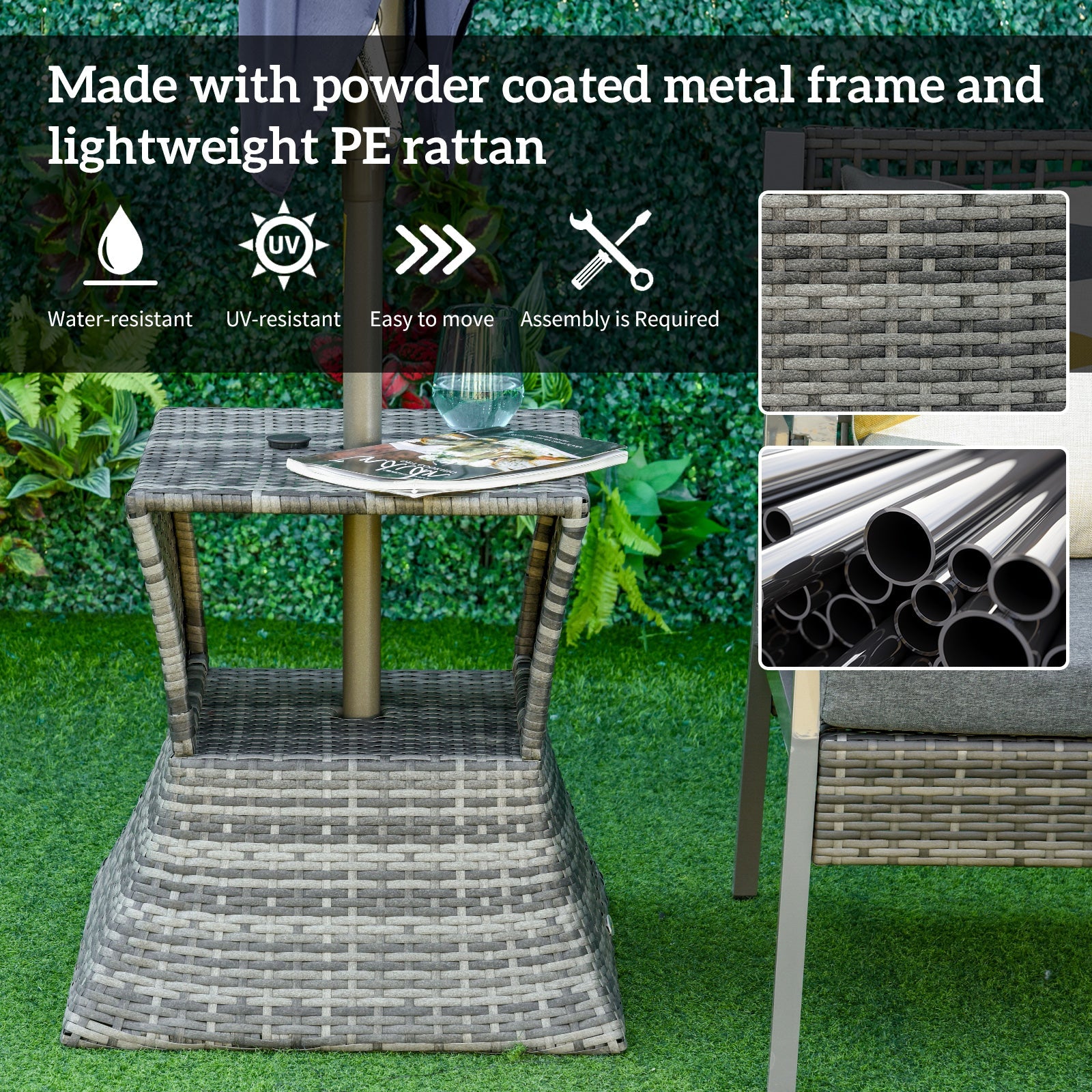 Outsunny Rattan Wicker Side Table Square Outdoor End Table with Umbrella Hole 2-Tier Storage Patio Garden Mixed Grey