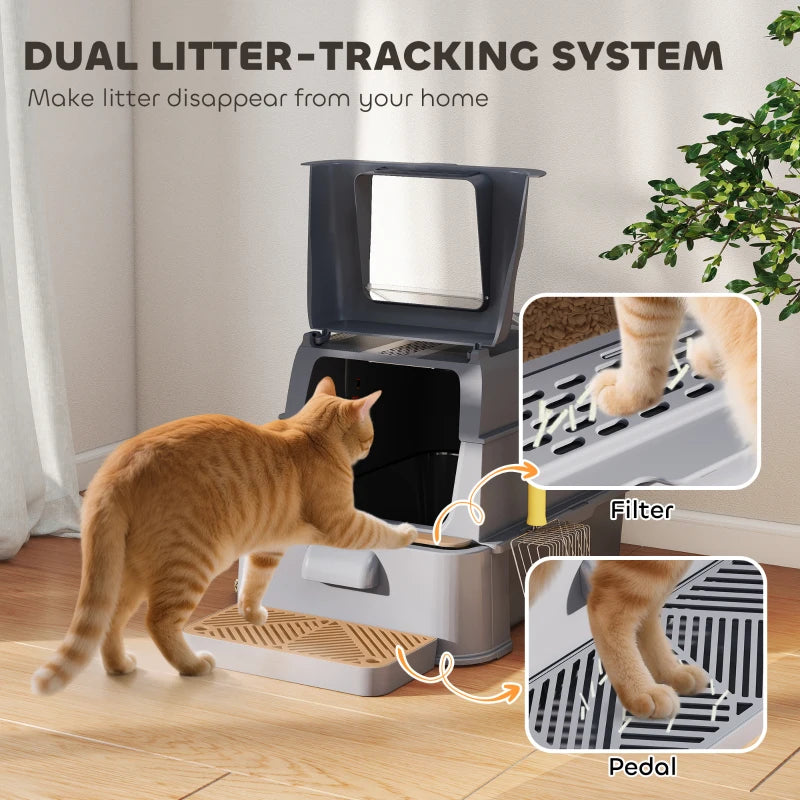 80L XL Stainless Steel Cat Litter Box for Big Cats with Flip Cover, Pull-Out Drawer Tray, High Sided, Pedal, Dark Grey