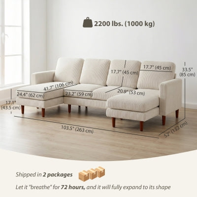 🛋️ U-Shaped Corduroy Sectional Sofa – Double Chaise (Beige)