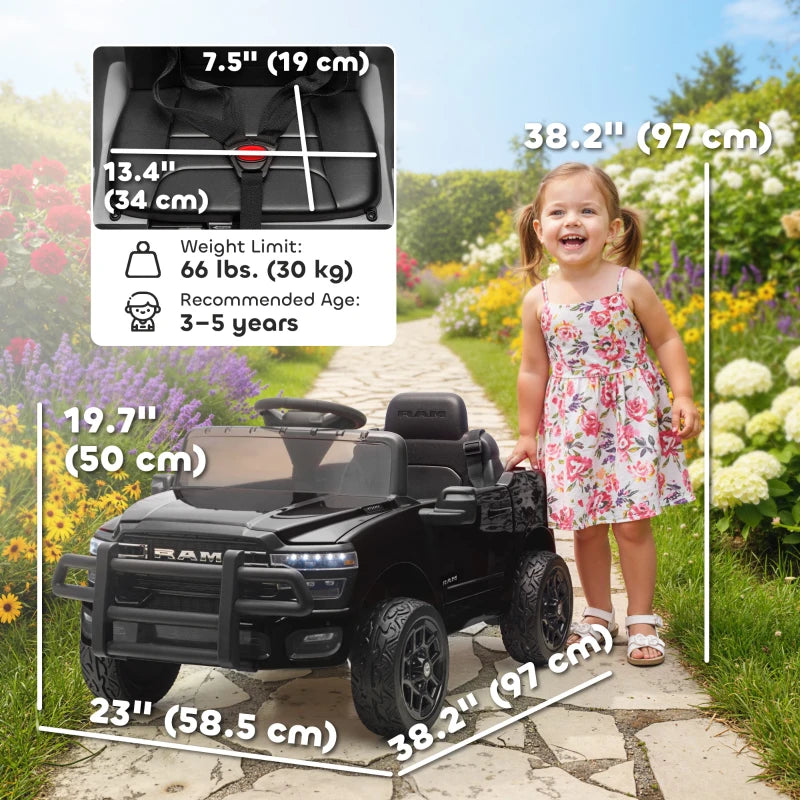 Qaba 12V Ride on Car, Licensed Dodge RAM 3500 Electric Vehicle with Remote Control, Suspension for 3-5 Years, Black
