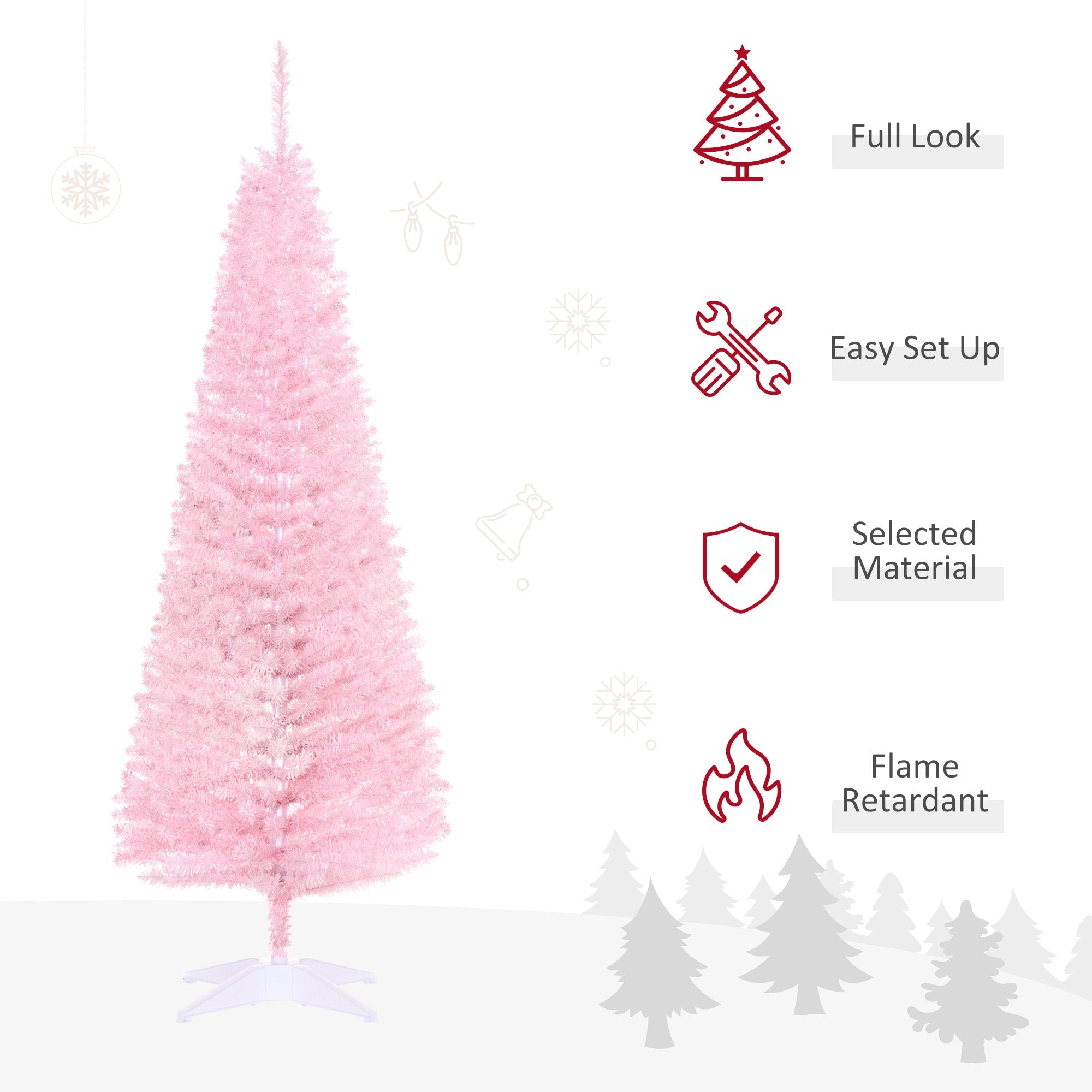 HOMCOM 5FT Artificial Christmas Tree, Pencil Christmas Tree with Realistic Branches, Stable Stand, Pink