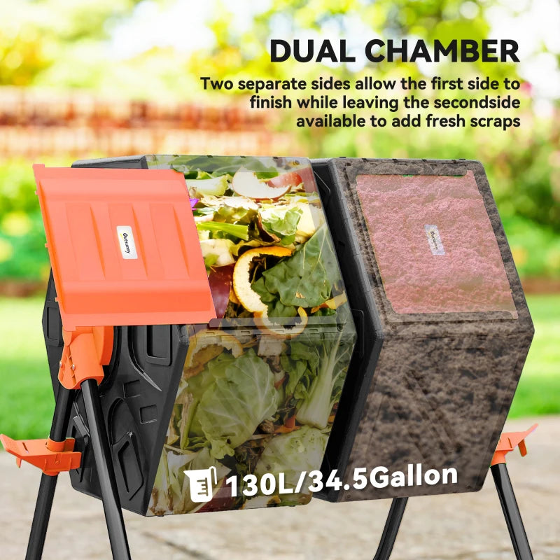 Rotating Composter, Dual Chamber Compost Bin with 24 Vents and Steel Legs, 34.5 Gallon, Orange