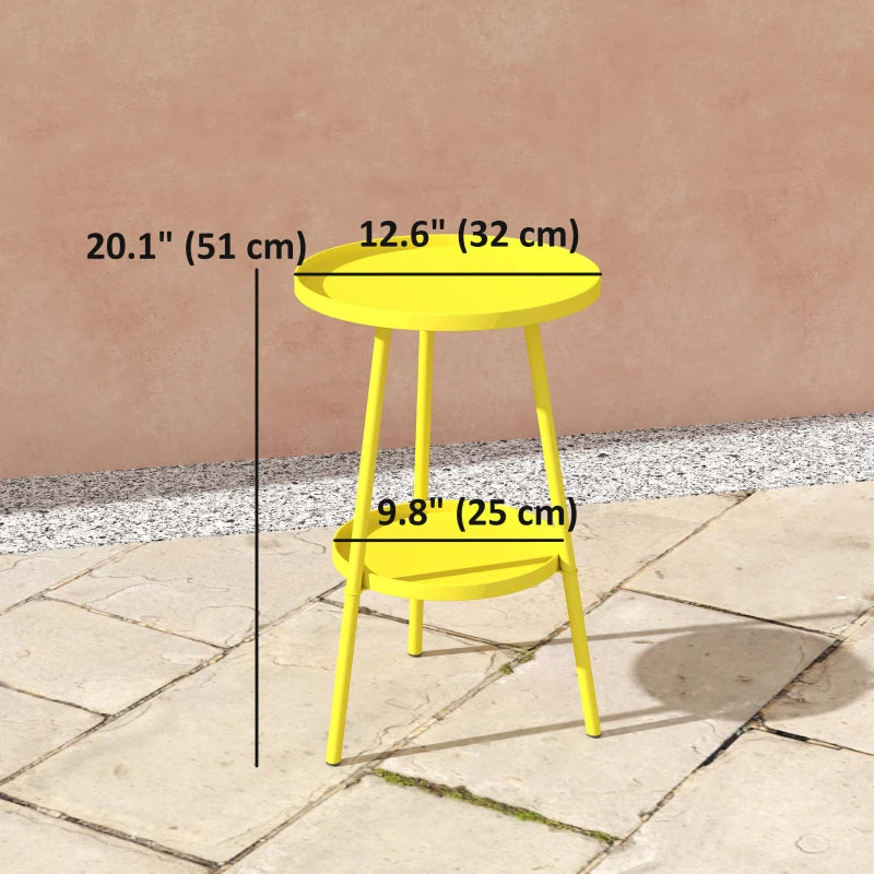 Round Garden Table, 2-Tier Small Side Table, Metal Patio Table Coffee Table Dining Table, Yellow