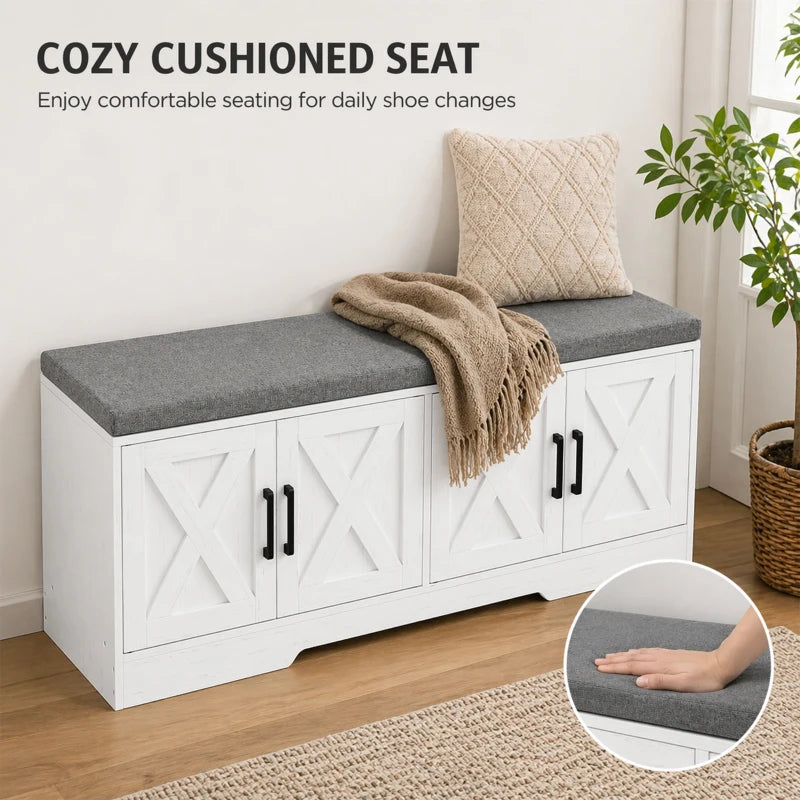 HOMCOM Farmhouse Shoe Storage Bench with Cushion, Entryway Bench with Adjustable Shelves & Cabinet Doors, White