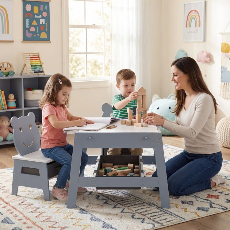 Toddler Table and 2 Chairs 5-in-1 Cute Art Desk Set with Reversible Chalkboard Whiteboard-Grey