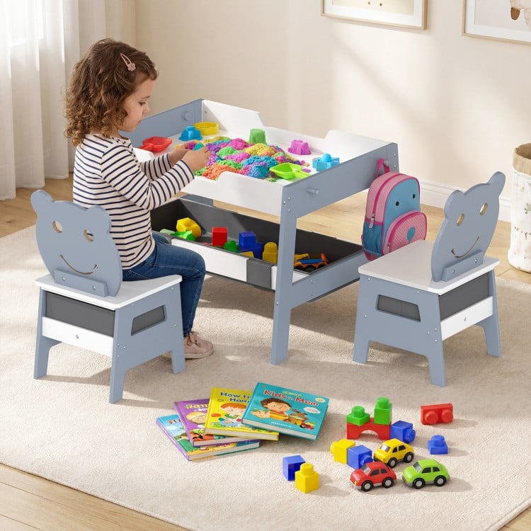 Toddler Table and 2 Chairs 5-in-1 Cute Art Desk Set with Reversible Chalkboard Whiteboard-Grey