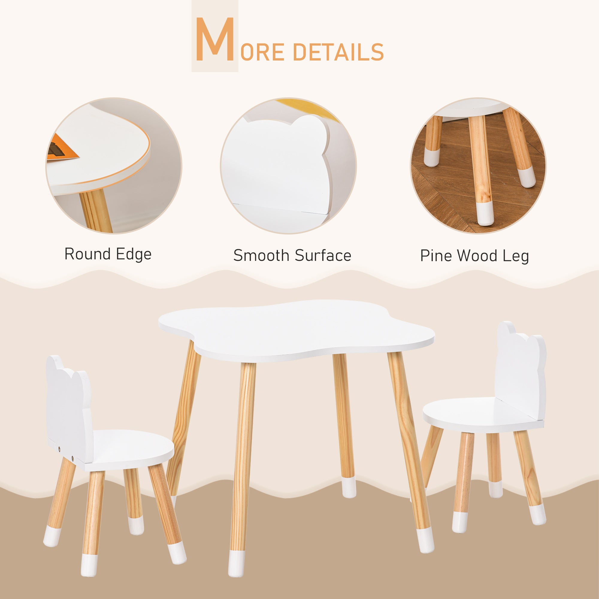 Qaba Wooden Kids Table & Chair Set: Cute Bear Design, Rounded Edges for Toddler Dining/Play in White