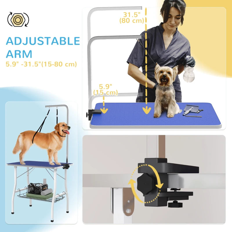 Dog Grooming Table w/ Adjustable Arm, Mesh Tray, Two Nooses, Rubber Surface, 35" x 24" x 61", Blue