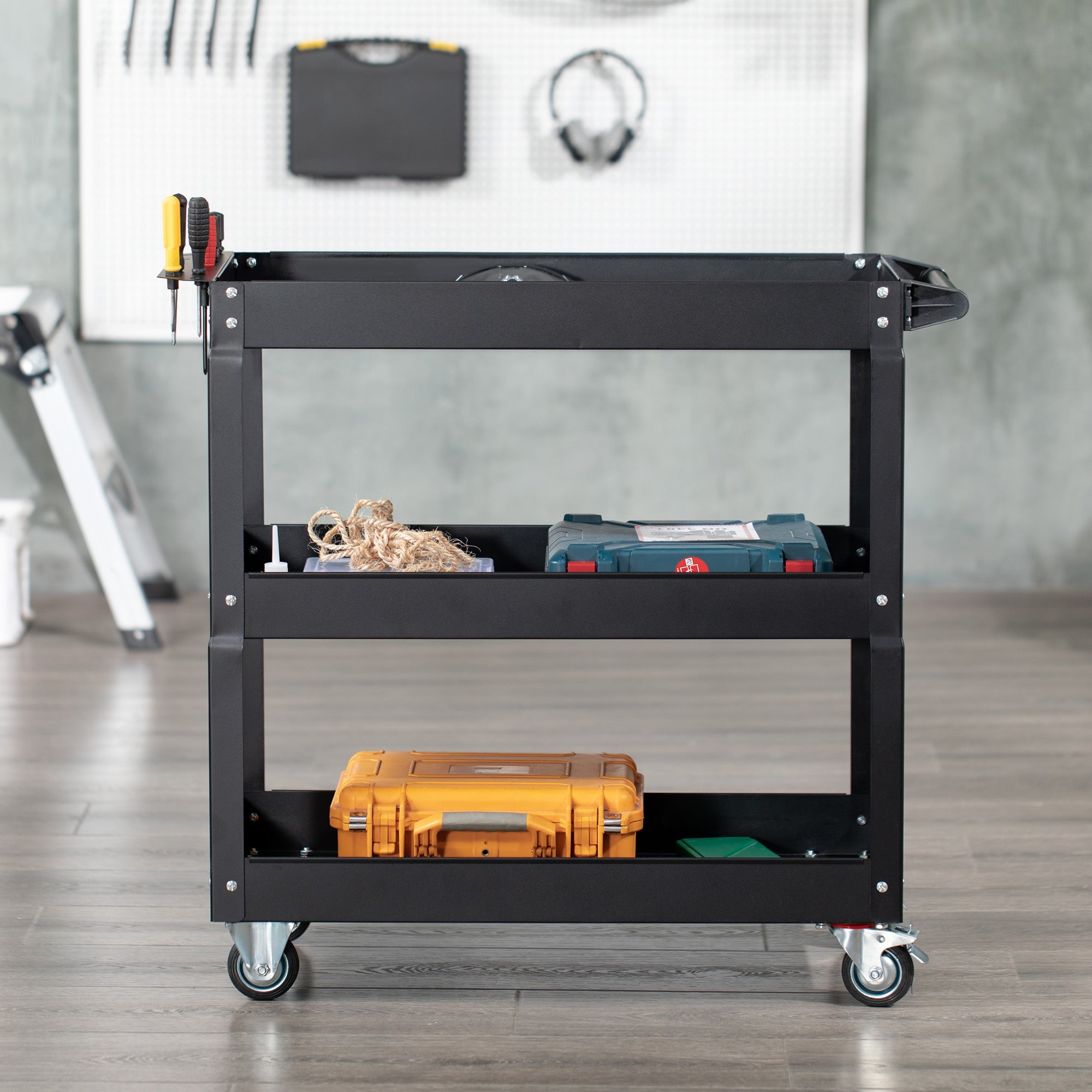 DURHAND 3 Tier Tool Cart Rolling with Wheels 330 LBS Heavy Duty Utility Steel Service Cart for Garage Black