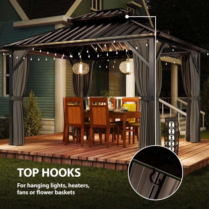 10' x 12' Hardtop Patio Gazebo with Double Galvanized Steel Roof and Aluminum Frame, Outdoor Permanent Gazebo, Dark Grey