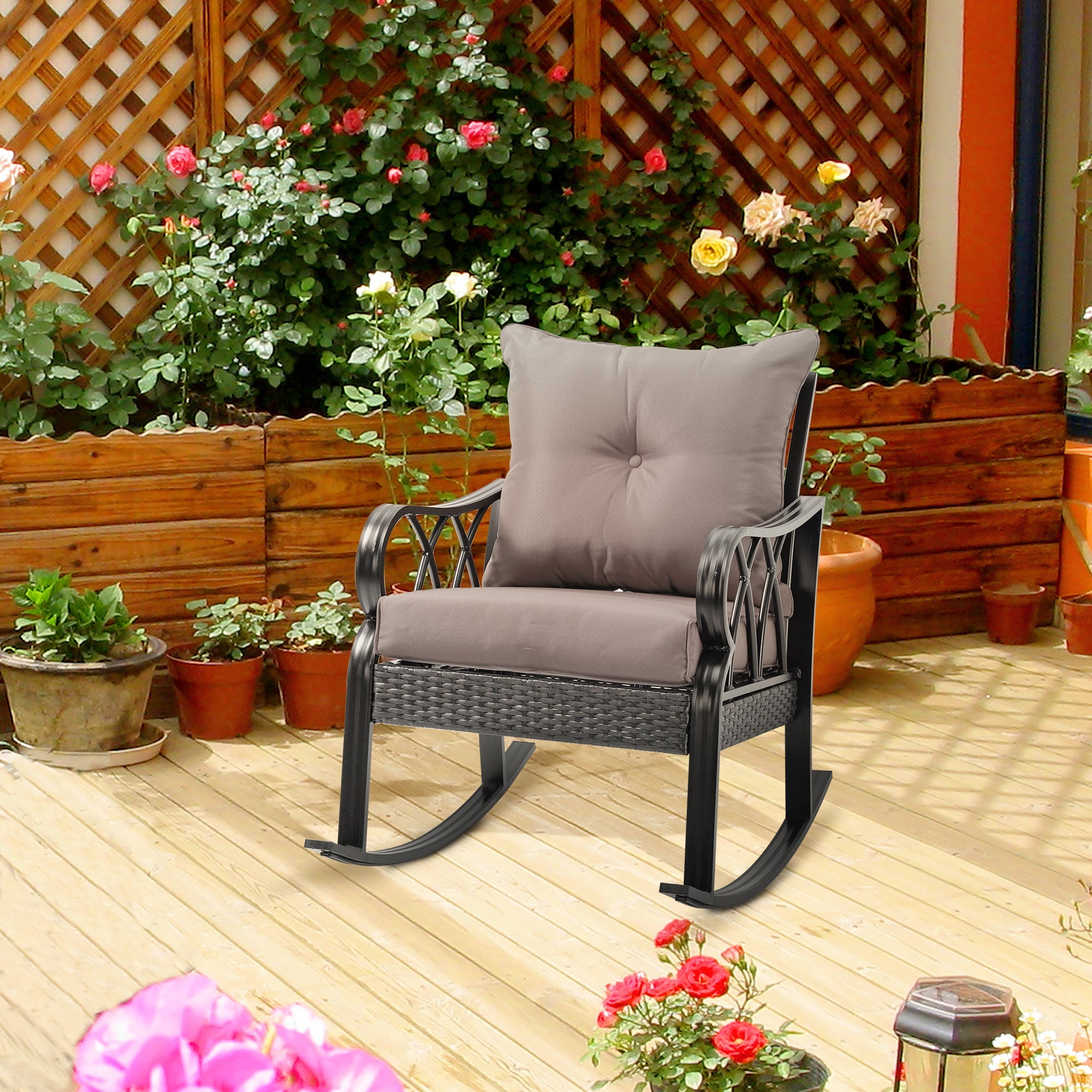 Outsunny Wicker Rocking Chair Outdoor with Cushions for Garden Patio Backyard Grey