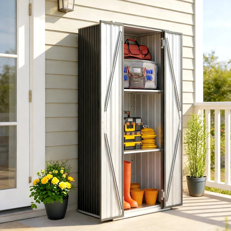 Outdoor Storage Shed with Adjustable Shelves Metal Garden Shed with Double Doors for Patio Balcony Garage