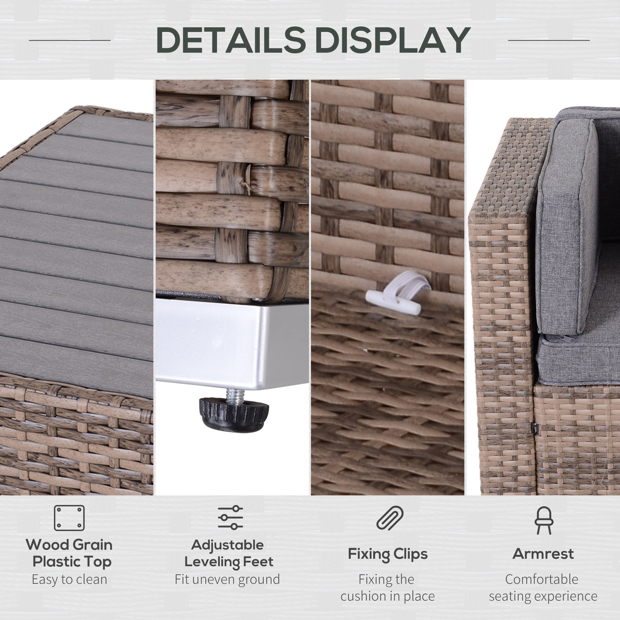 Outsunny 7-Piece Outdoor Sectional Couch, PE Rattan Sectional Sofa with UV-Resistant Cushions & Dining Table, Grey