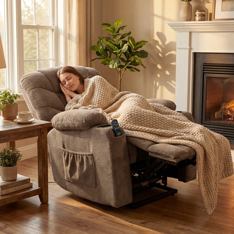 Power Recliner Chair with Massage, Electric Lift Chair for Elderly with Side Pockets, Cup Holders, Remote, Brown