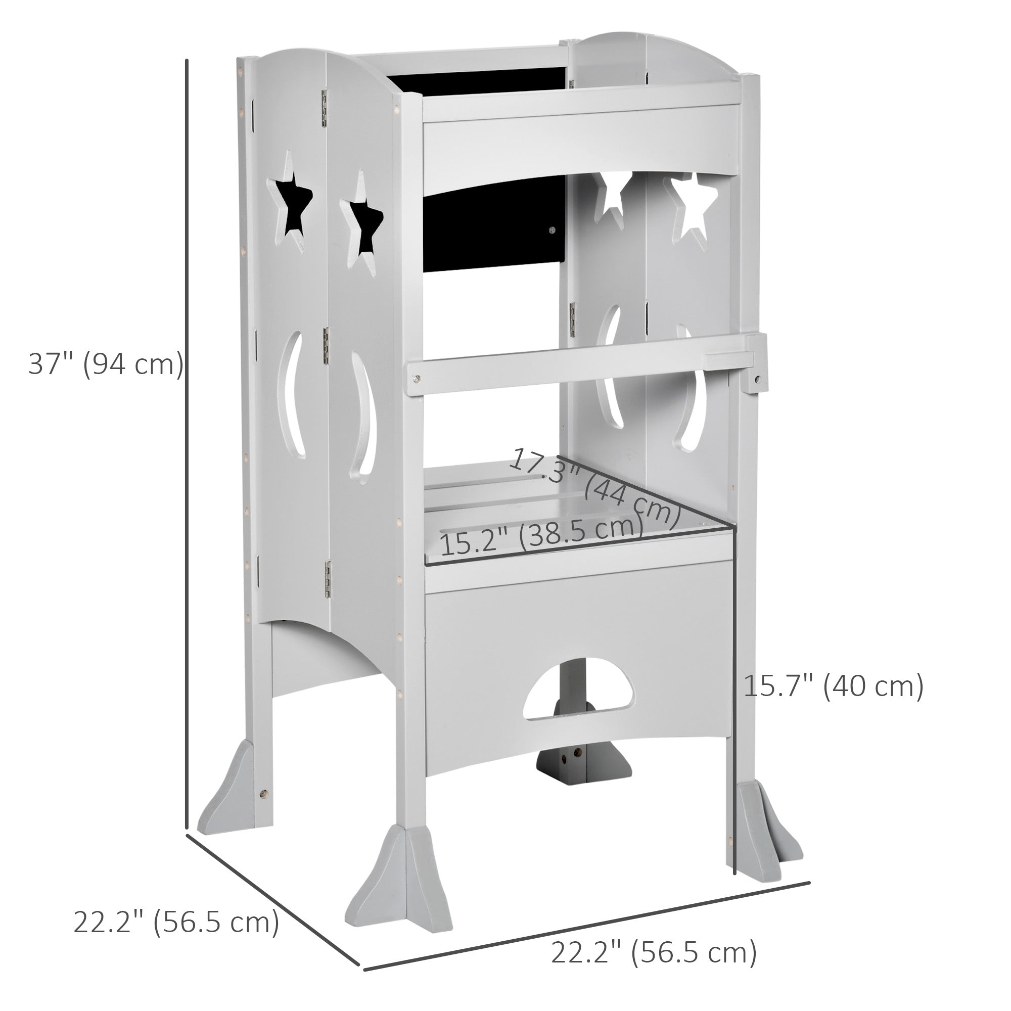 Qaba Foldable Kids Kitchen Helper Stool with Blackboard & Lockable Handrail for Ages 3-6 in Grey