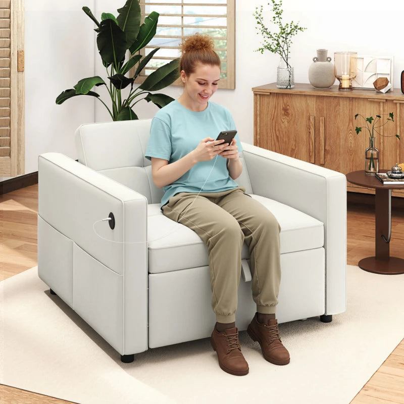 Convertible Chair Bed, Pull Out Sleeper Chair with USB, Adjustable Backrest, Small Velvet Futon Sofa Bed, Cream White