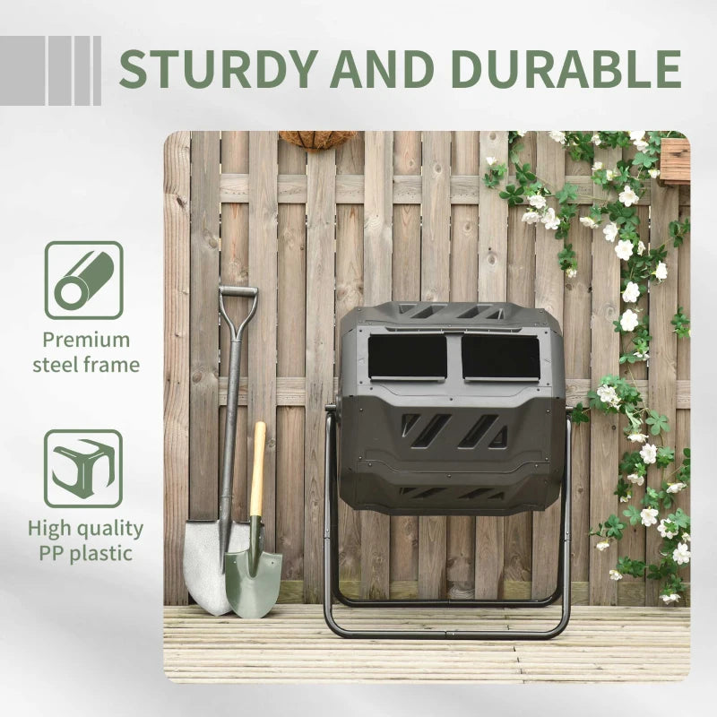 Tumbling Compost Bin Outdoor Dual Chamber 360° Rotating Composter 43 Gallon with Sliding Doors, Green
