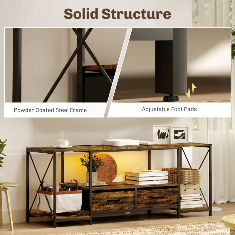 Industrial TV Stand for up to 55 Inch TV, TV Console with Charging Station and RGB LED Lights, Rustic Brown