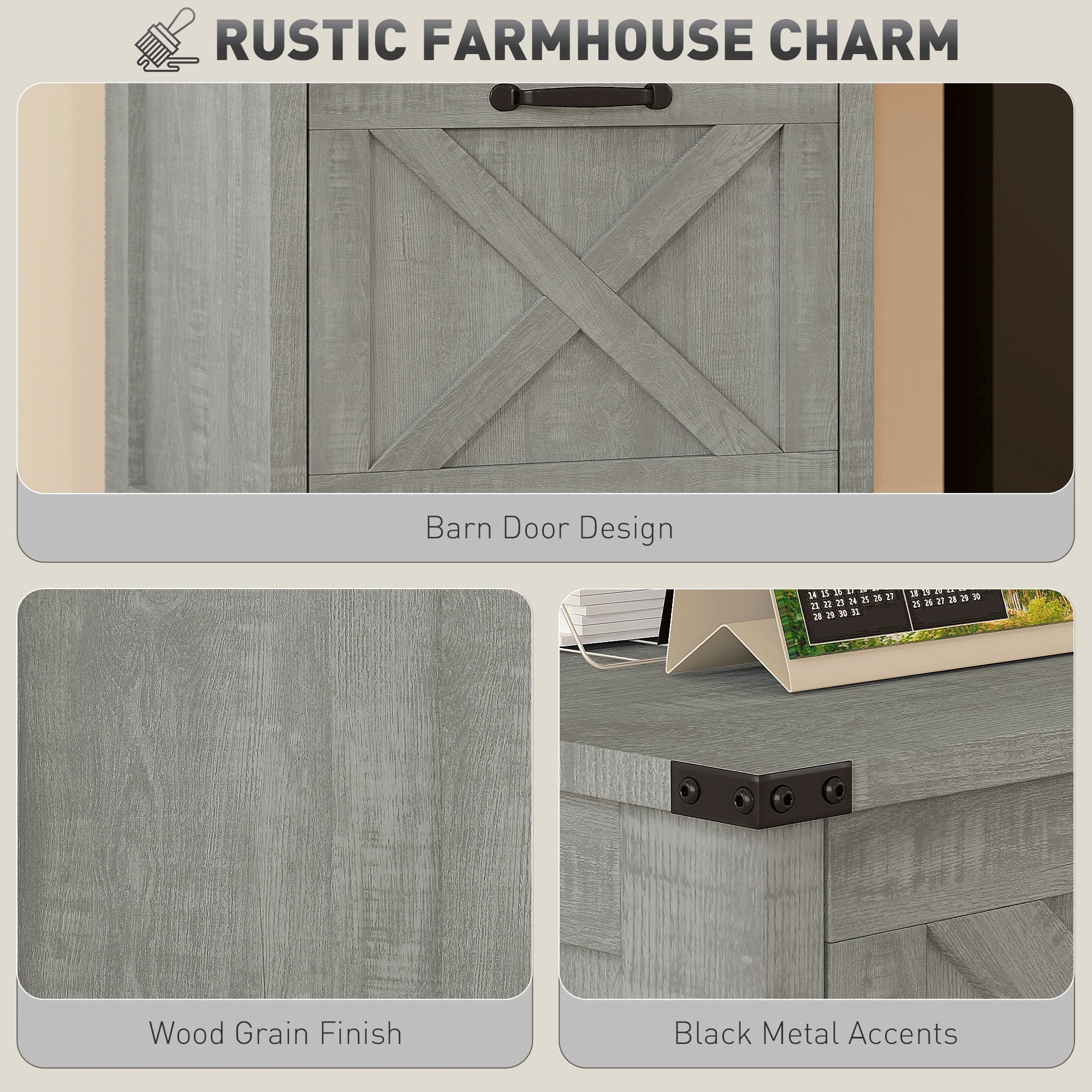 HOMCOM Vertical Filing Cabinet with 3 Drawers, Rustic Farmhouse Office Storage Cabinet for A4, Letter Size, Stone Grey