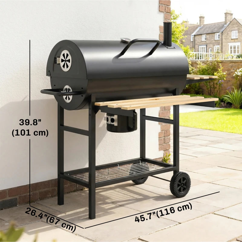 Charcoal BBQ Grill with Foldable Shelves, Barbecue Grill with Warming Rack, Thermometer, Wheels, Natural Wood and Black