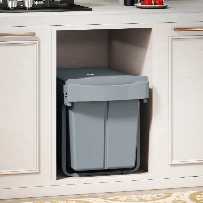 Pull Out Trash Can Under Cabinet, 10.6 Gallon (40L) Slide Out Garbage Can with 2 Removable Compartments, Grey