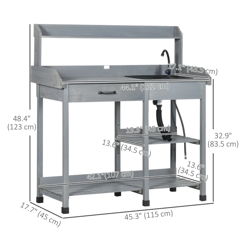 Potting Bench Table Garden Work Bench Workstation with Drawer, Removable Sink and Hooks, 45.3" x 17.7" x 48.4", Grey