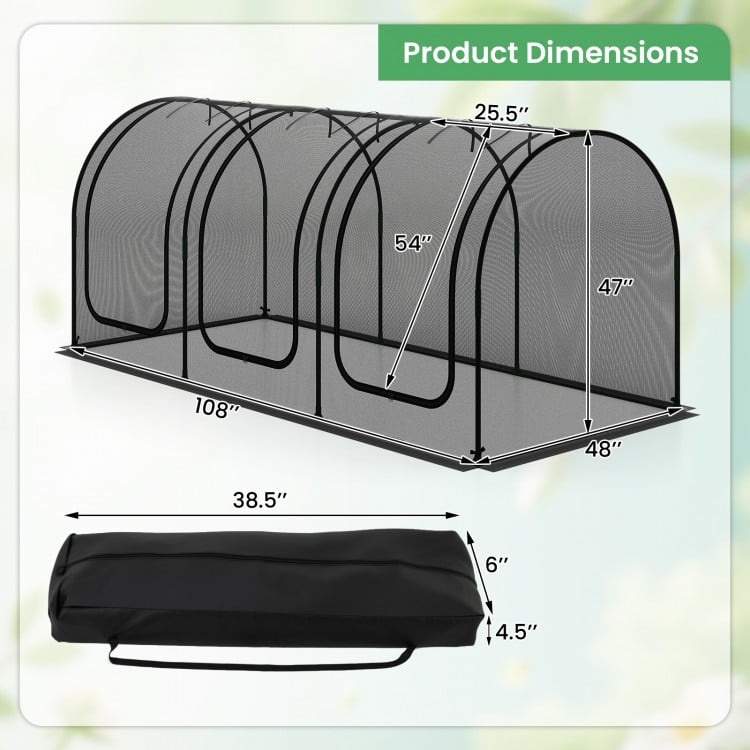 Tunnel Crop Cage Large Portable Plant Protection Tent with 3 Roll-up Zippered Doors