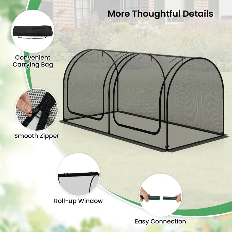 Tunnel Crop Cage Large Portable Plant Protection Tent with 2 Roll-up Zippered Doors
