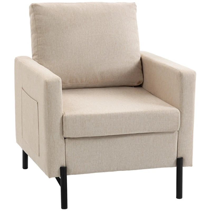 Accent Chair Modern Upholstered Armchair with Side Pockets and Cushion for Bedroom, Living Room, Beige