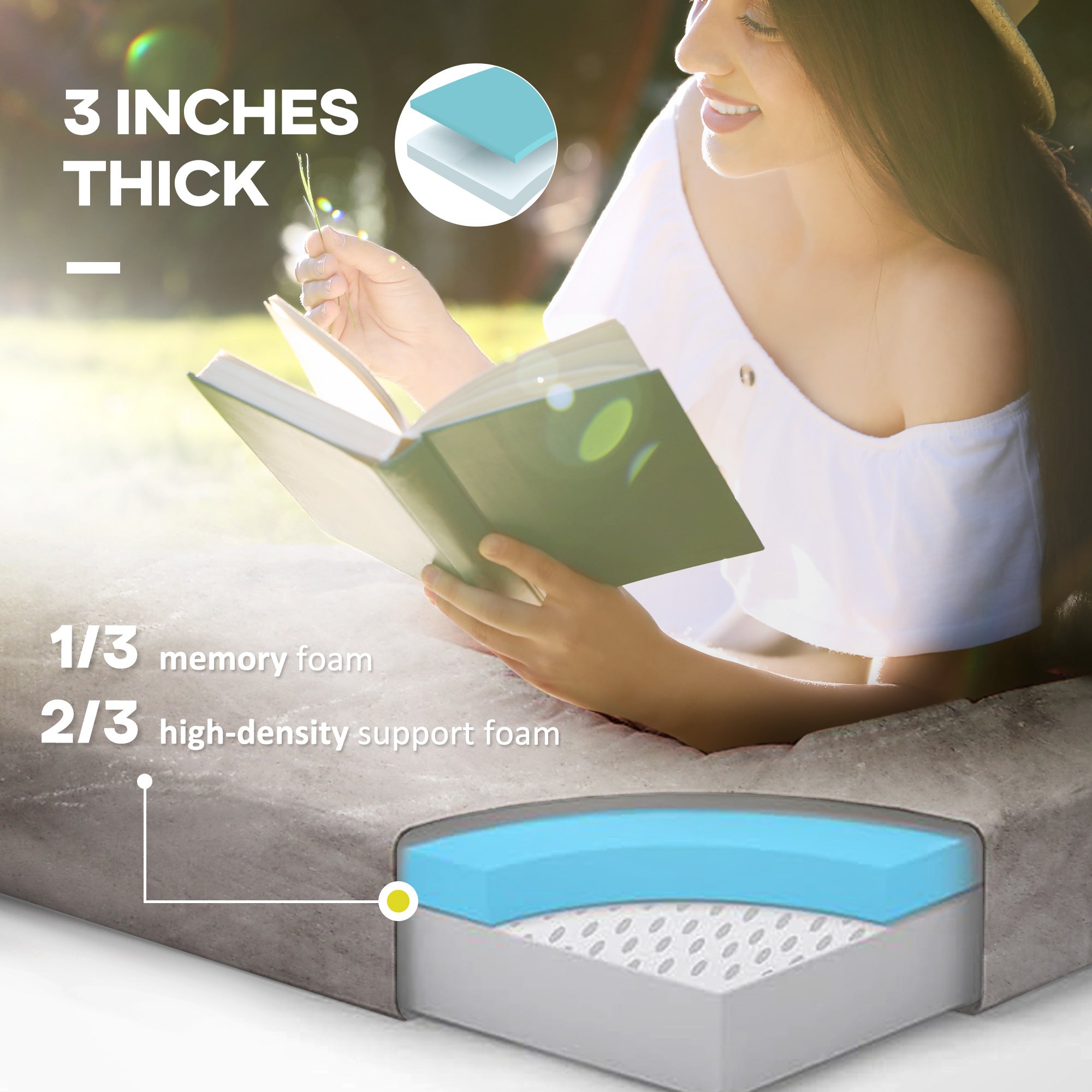 Outsunny Camping Sleeping Mat Memory Foam Pad 2.8'' Thick Portable Roll Up Mattress with Travel Bag Grey