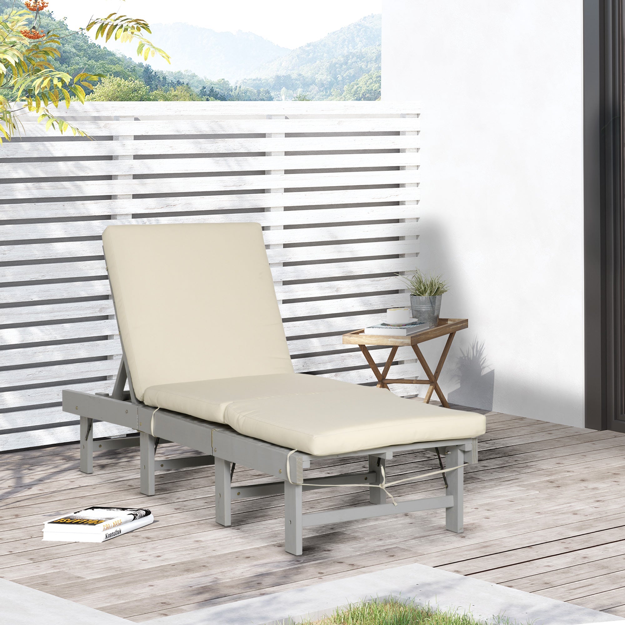 Outsunny Outdoor Sun Lounger Wooden Garden Reclining Chair 4 Adjustable Back Soft Cushion Light Grey