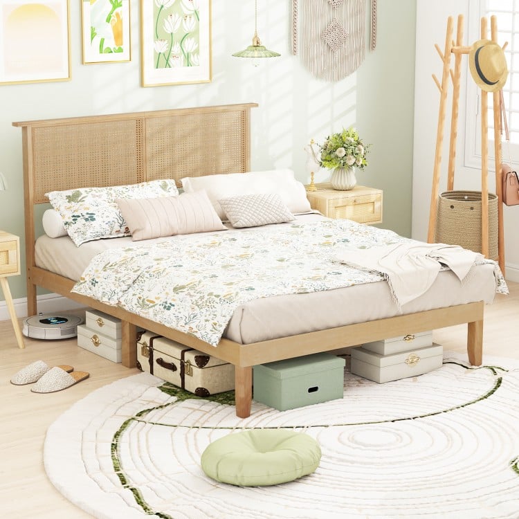 Twin/Full/Queen Size Bed Frame with Rattan Headboard-Full Size